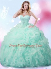 With Train Apple Green Sweet 16 Quinceanera Dress Organza Brush Train Sleeveless Beading and Ruffles and Pick Ups
