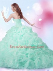 With Train Apple Green Sweet 16 Quinceanera Dress Organza Brush Train Sleeveless Beading and Ruffles and Pick Ups