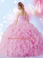 Shining Rose Pink Sweetheart Lace Up Beading and Ruffles Quinceanera Dress Sleeveless