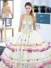 Halter Top White Sleeveless Embroidery and Ruffled Layers Floor Length Ball Gown Prom Dress