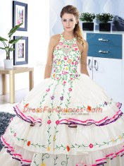 Halter Top White Sleeveless Embroidery and Ruffled Layers Floor Length Ball Gown Prom Dress