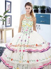 Halter Top White Sleeveless Embroidery and Ruffled Layers Floor Length Ball Gown Prom Dress