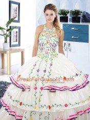 Halter Top White Sleeveless Embroidery and Ruffled Layers Floor Length Ball Gown Prom Dress