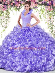Luxury Sleeveless Organza Floor Length Backless Sweet 16 Dresses in Lavender with Beading and Ruffles