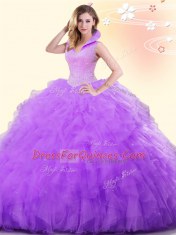 Hot Sale Lavender Tulle Backless Vestidos de Quinceanera Sleeveless Floor Length Beading and Ruffles