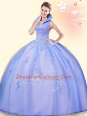 Most Popular Floor Length Backless 15 Quinceanera Dress Lavender for Military Ball and Sweet 16 and Quinceanera with Beading and Appliques