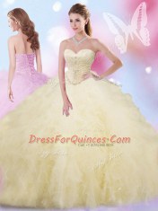 Luxurious Sleeveless Floor Length Beading and Ruffles Lace Up 15th Birthday Dress with Light Yellow