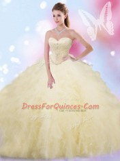Luxurious Sleeveless Floor Length Beading and Ruffles Lace Up 15th Birthday Dress with Light Yellow