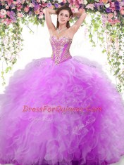 Sleeveless Floor Length Beading and Ruffles Lace Up Quince Ball Gowns with Lilac