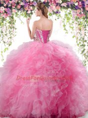 Sleeveless Floor Length Beading and Ruffles Lace Up Quince Ball Gowns with Lilac