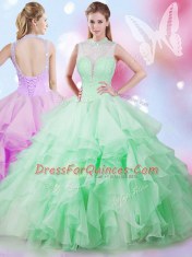 Ball Gowns Sweet 16 Dresses Apple Green High-neck Tulle Sleeveless Floor Length Lace Up