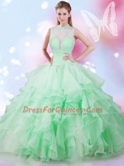 Ball Gowns Sweet 16 Dresses Apple Green High-neck Tulle Sleeveless Floor Length Lace Up