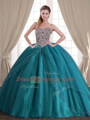 Fine With Train Teal 15th Birthday Dress Sweetheart Sleeveless Brush Train Lace Up