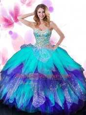 Sleeveless Floor Length Beading and Ruffles Lace Up Sweet 16 Dress with Multi-color