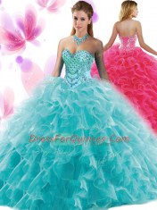 Teal Sleeveless Organza Lace Up Sweet 16 Quinceanera Dress for Military Ball and Sweet 16 and Quinceanera