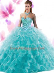 Teal Sleeveless Organza Lace Up Sweet 16 Quinceanera Dress for Military Ball and Sweet 16 and Quinceanera