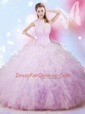 High-neck Sleeveless Lace Up Quinceanera Gown Lavender Tulle