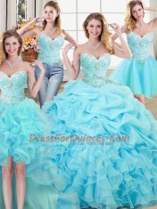 Four Piece Organza Sleeveless Floor Length Sweet 16 Dress and Beading and Ruffles and Pick Ups