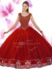 Wine Red Tulle Zipper Scoop Sleeveless Floor Length Sweet 16 Quinceanera Dress Beading and Appliques