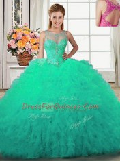 Smart Turquoise Ball Gowns Tulle Scoop Sleeveless Beading and Ruffles Floor Length Lace Up 15 Quinceanera Dress