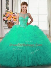 Smart Turquoise Ball Gowns Tulle Scoop Sleeveless Beading and Ruffles Floor Length Lace Up 15 Quinceanera Dress