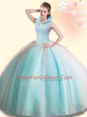 Custom Designed Backless High-neck Sleeveless Sweet 16 Dress Floor Length Beading Aqua Blue Tulle