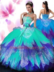 Sumptuous Multi-color Ball Gowns Tulle Sweetheart Sleeveless Appliques and Ruffled Layers and Hand Made Flower Floor Length Lace Up Quince Ball Gowns
