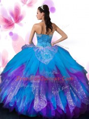 Sumptuous Multi-color Ball Gowns Tulle Sweetheart Sleeveless Appliques and Ruffled Layers and Hand Made Flower Floor Length Lace Up Quince Ball Gowns