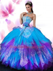 Sumptuous Multi-color Ball Gowns Tulle Sweetheart Sleeveless Appliques and Ruffled Layers and Hand Made Flower Floor Length Lace Up Quince Ball Gowns