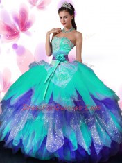 Sumptuous Multi-color Ball Gowns Tulle Sweetheart Sleeveless Appliques and Ruffled Layers and Hand Made Flower Floor Length Lace Up Quince Ball Gowns