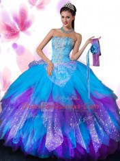 Sumptuous Multi-color Ball Gowns Tulle Sweetheart Sleeveless Appliques and Ruffled Layers and Hand Made Flower Floor Length Lace Up Quince Ball Gowns