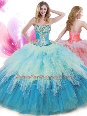 Deluxe Tulle Sleeveless Floor Length 15 Quinceanera Dress and Beading and Ruffles