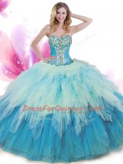 Deluxe Tulle Sleeveless Floor Length 15 Quinceanera Dress and Beading and Ruffles