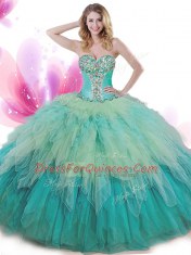 Deluxe Tulle Sleeveless Floor Length 15 Quinceanera Dress and Beading and Ruffles
