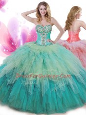 Deluxe Tulle Sleeveless Floor Length 15 Quinceanera Dress and Beading and Ruffles