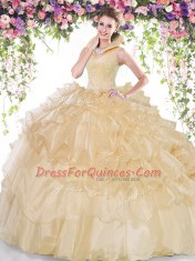Sleeveless Organza Floor Length Backless Quinceanera Gowns in Champagne with Beading and Ruffled Layers