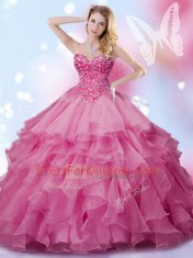 Lovely Rose Pink Lace Up Quince Ball Gowns Beading Sleeveless Floor Length