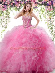 Rose Pink Tulle Lace Up Sweetheart Sleeveless Floor Length Quinceanera Dresses Beading and Ruffles