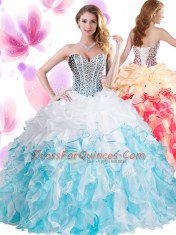 Blue And White Lace Up Sweet 16 Dresses Beading and Ruffles Sleeveless Floor Length