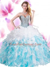 Blue And White Lace Up Sweet 16 Dresses Beading and Ruffles Sleeveless Floor Length