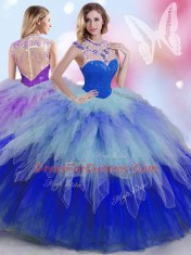 Multi-color Zipper High-neck Beading and Ruffles 15th Birthday Dress Tulle Sleeveless