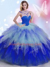 Multi-color Zipper High-neck Beading and Ruffles 15th Birthday Dress Tulle Sleeveless