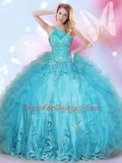 Super Halter Top Aqua Blue Sleeveless Tulle Lace Up Vestidos de Quinceanera for Military Ball and Sweet 16 and Quinceanera