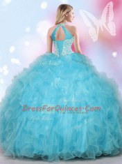 Super Halter Top Aqua Blue Sleeveless Tulle Lace Up Vestidos de Quinceanera for Military Ball and Sweet 16 and Quinceanera