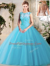 Scoop Floor Length Baby Blue 15th Birthday Dress Tulle Sleeveless Beading