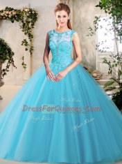 Scoop Floor Length Baby Blue 15th Birthday Dress Tulle Sleeveless Beading