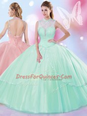 Classical Tulle High-neck Sleeveless Lace Up Beading 15 Quinceanera Dress in Apple Green