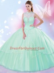 Classical Tulle High-neck Sleeveless Lace Up Beading 15 Quinceanera Dress in Apple Green