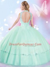 Classical Tulle High-neck Sleeveless Lace Up Beading 15 Quinceanera Dress in Apple Green