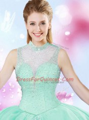 Classical Tulle High-neck Sleeveless Lace Up Beading 15 Quinceanera Dress in Apple Green